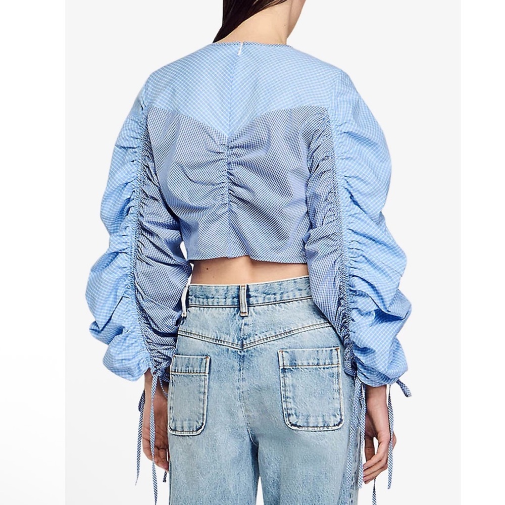 NWT SANDRO Formidable Blue Ruched Stripe Mixed Media Crop Top size 3/large - Picture 3 of 12